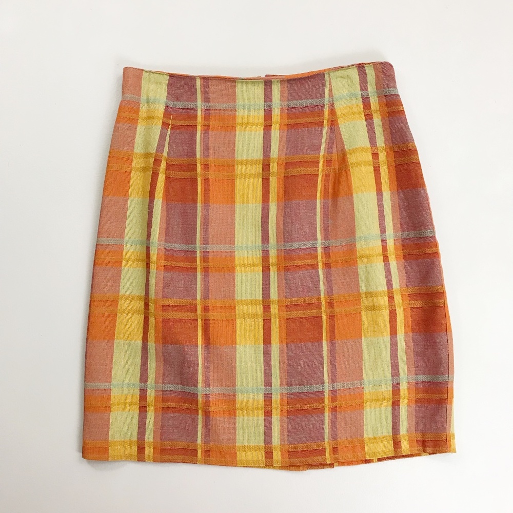HUNTER'S RUN Autumn Plaid Linen Blend Skirt SZ 12 Lined Back Zip Orange Rust